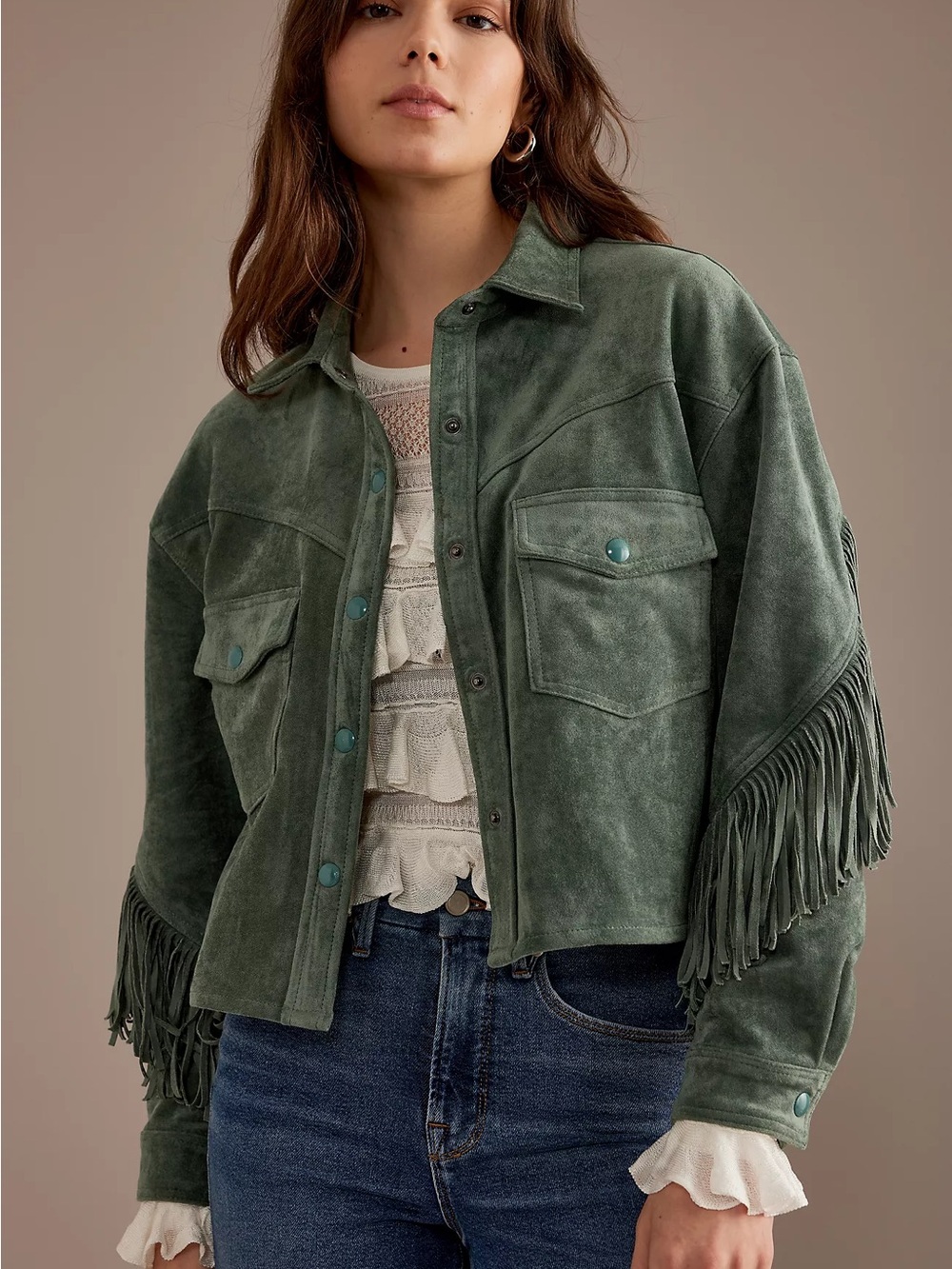 BlankNYC Green vegan Suede Fringe Jacket